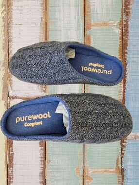 Cosyfeet Purewool Men's Sz 9 Slip On Benny Mules Blue Cable Knit Warm & Comfy